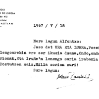 Euskaltzaindia.  Gutunak:  Zavalaren gutuna Irigoienek Iruñean irabazitako olerki sariari buruz